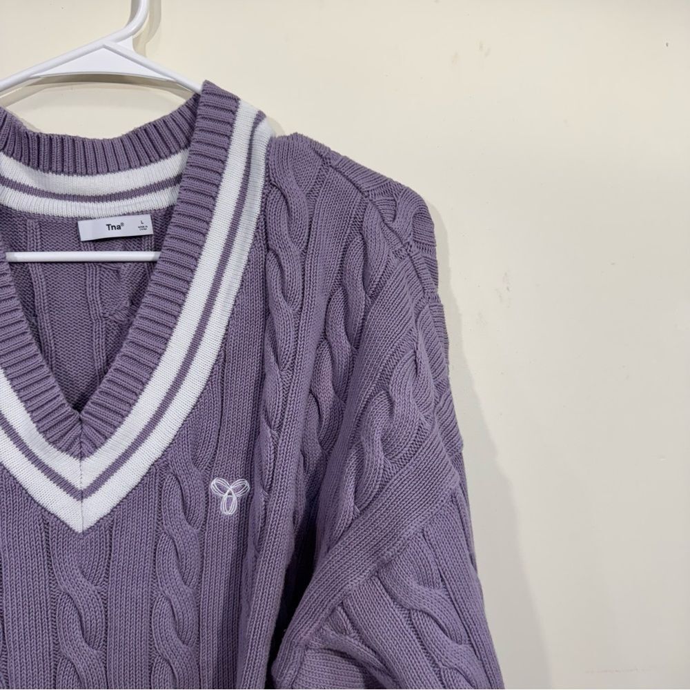 Aritzia TNA Clay Purple Cable Knit V-Neck Sweater - Picture 3 of 6